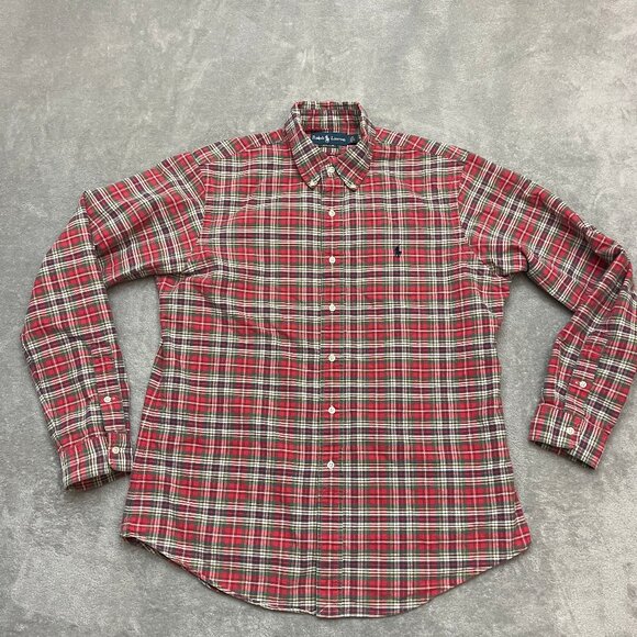 Vintage Ralph Lauren Polo Button Down Plaid Red Tartan Custom Fit Size Large - Picture 1 of 7